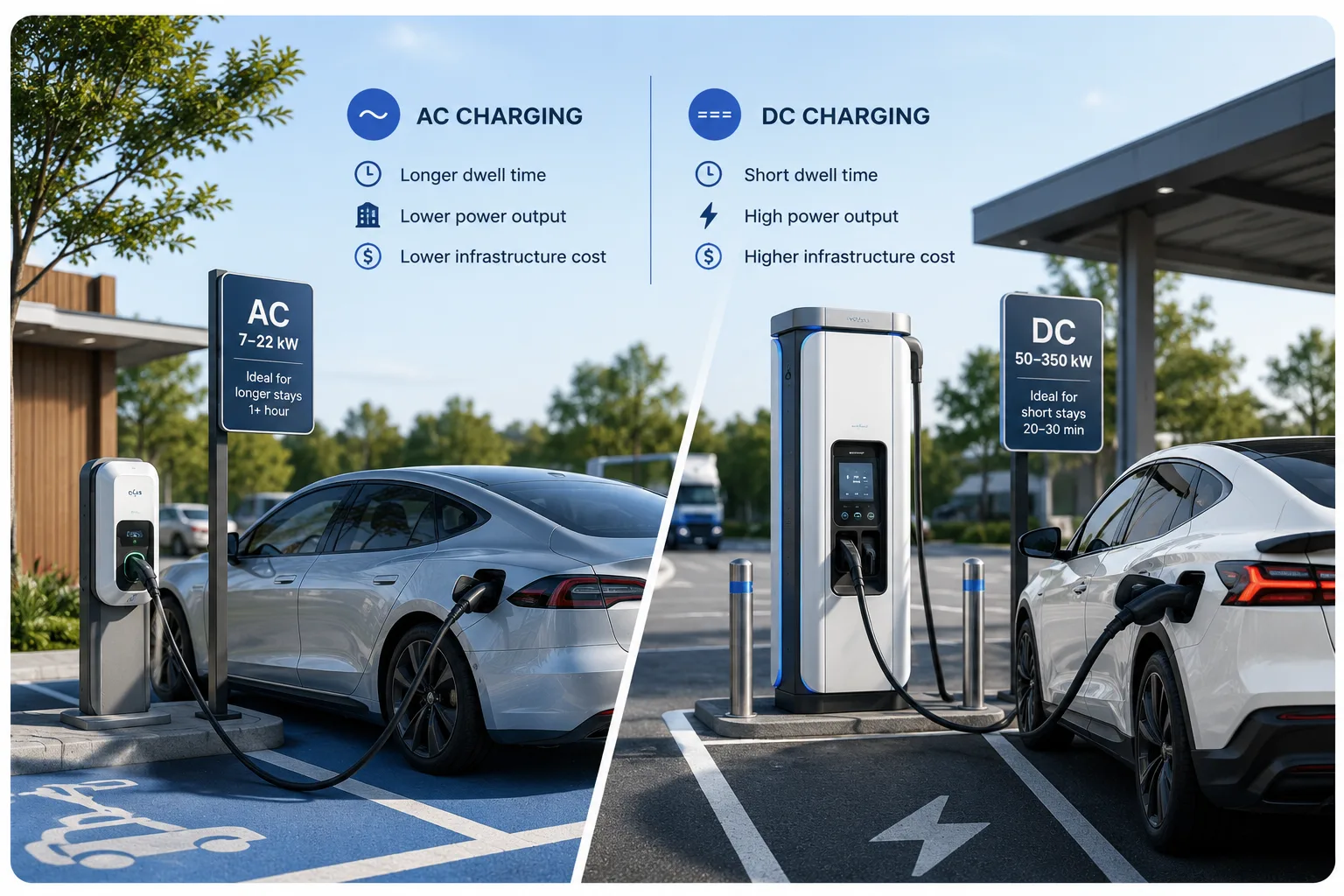 Side-by-side comparison of AC and DC charging: a car on a 7 to 22 kW AC charge post suited to longer dwell times, and a car on a 50 to 350 kW DC rapid charger suited to short stops