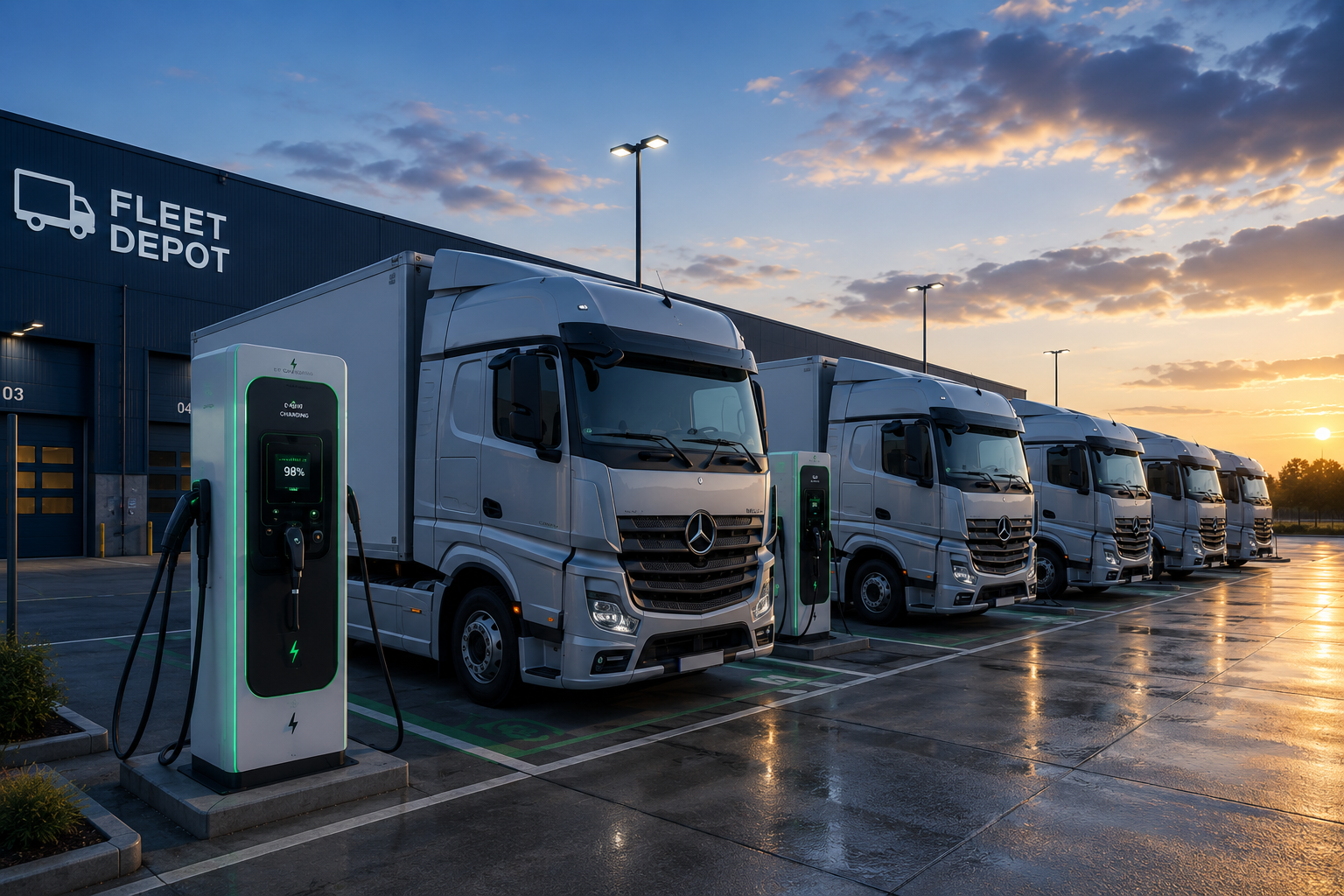 An electric HGV fleet charging depot