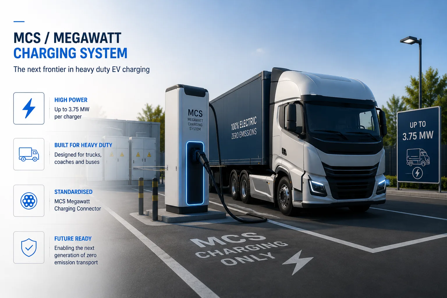Illustration of a Megawatt Charging System: an electric articulated lorry connected to an MCS charger in a bay marked for MCS charging only, with callouts for high power, heavy duty use, the standardised MCS connector and future readiness