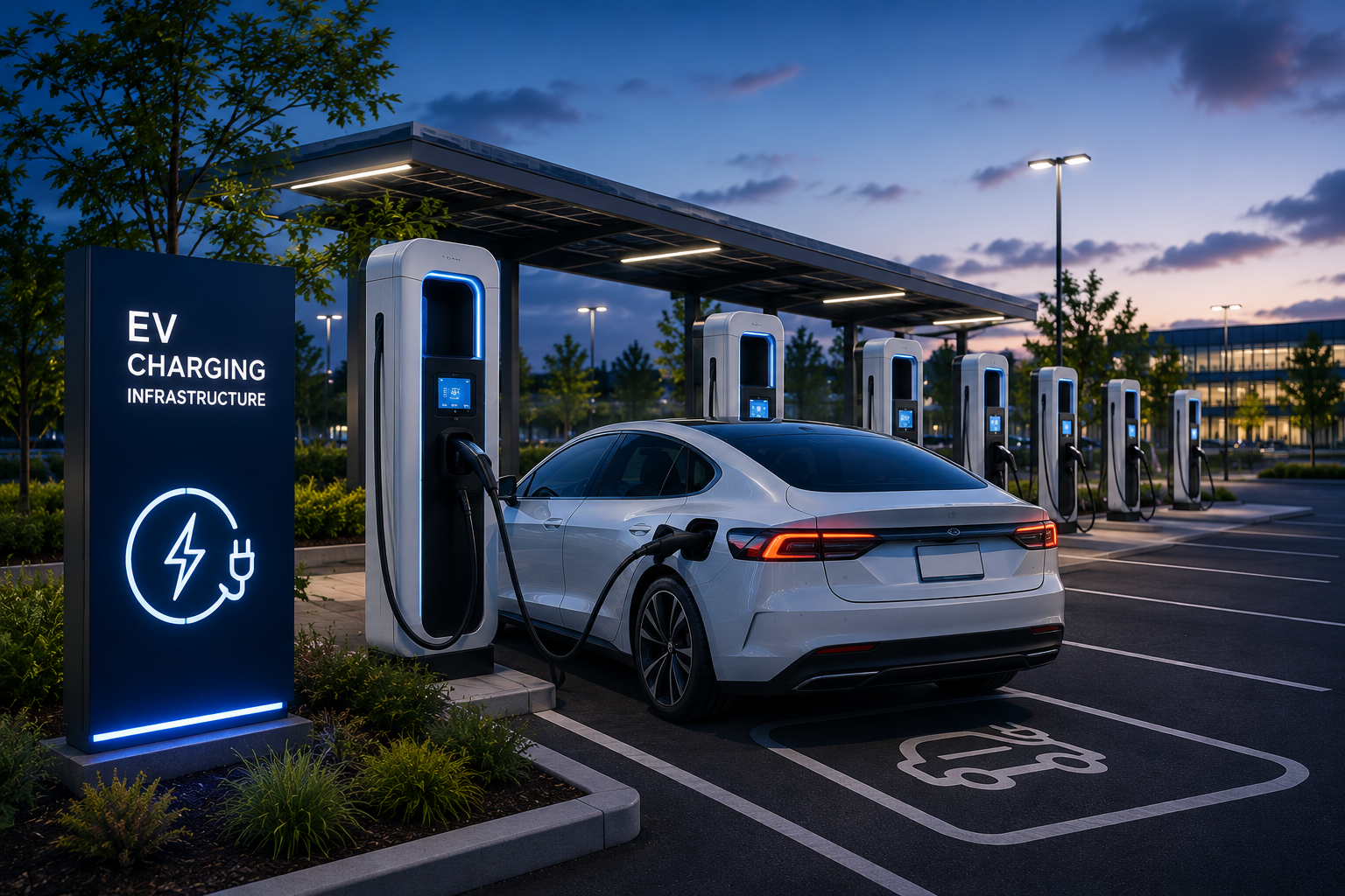 Electric vehicles parked at charging bays