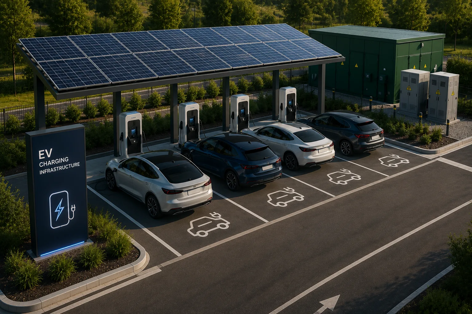 Charging hub seen from above: four cars in marked EV bays beneath a solar-panelled canopy, with a substation enclosure and switchgear cabinets alongside