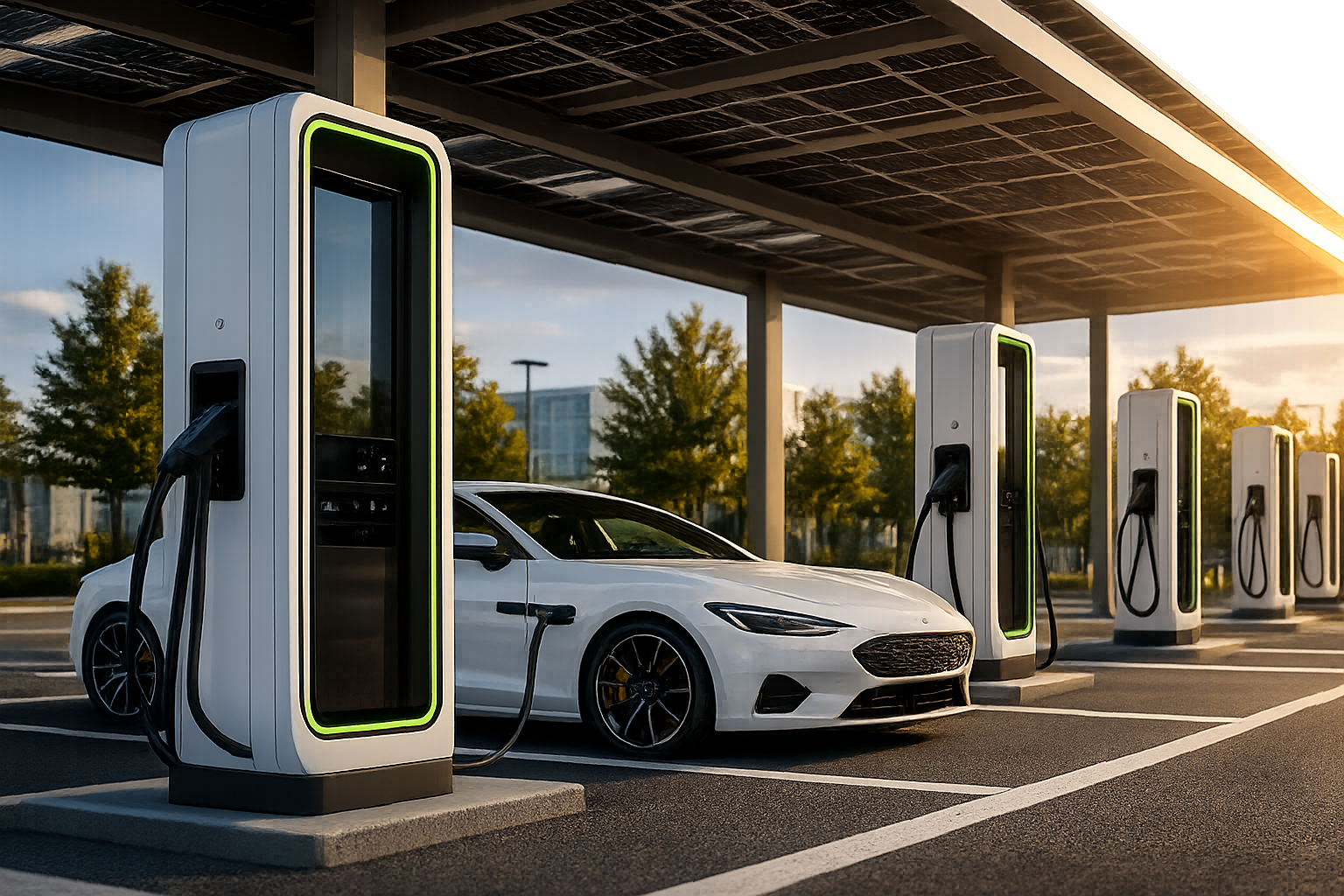 An electric vehicle charging at a modern charge point