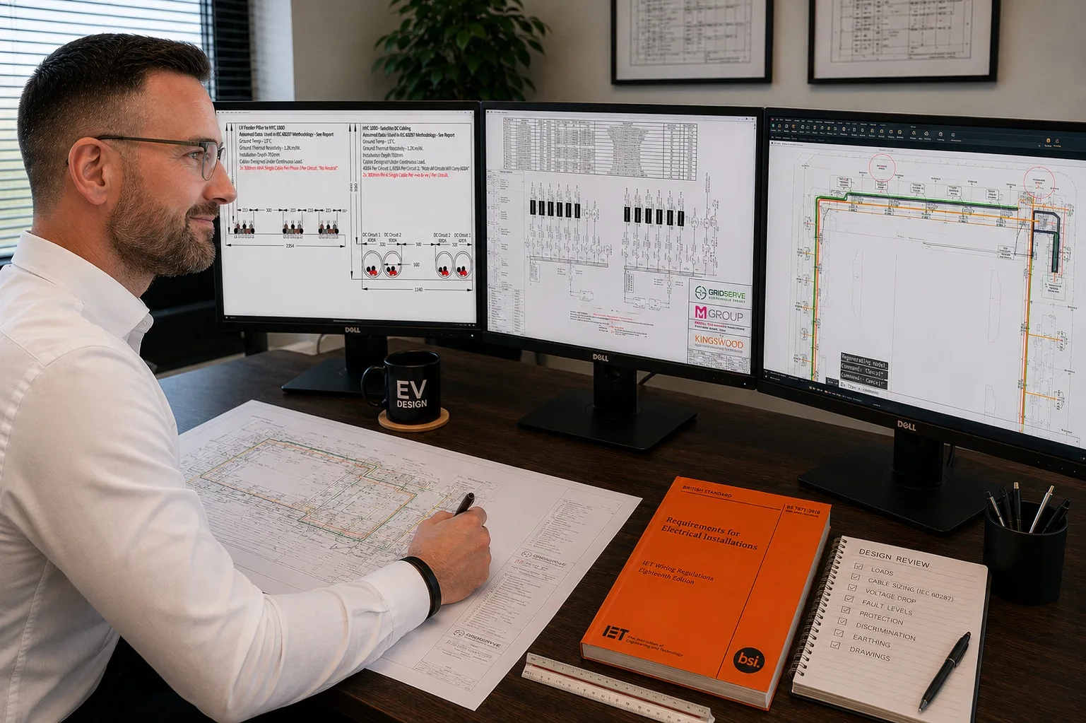Engineer marking up a site layout drawing at a three-monitor workstation showing cable calculations, a distribution schematic and a layout drawing, with a copy of the IET Wiring Regulations on the desk