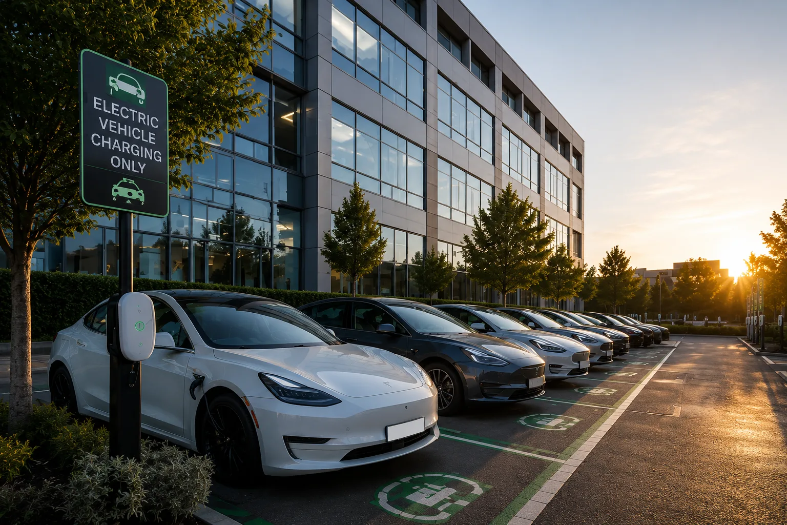 Row of electric cars on charge in a workplace car park beside an Electric Vehicle Charging Only sign, with a post-mounted AC charge point in the foreground and an office building behind